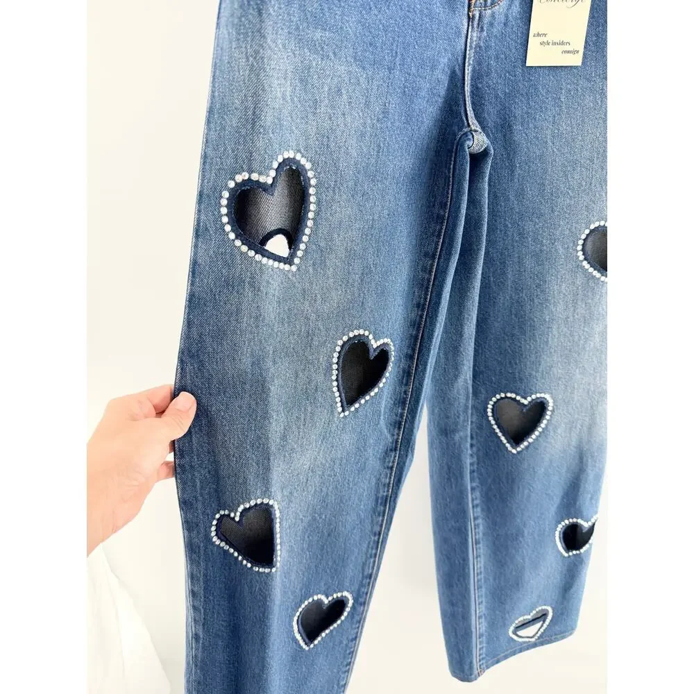 Alice + Olivia Karrie Embellished Rhinestone Heart Cutout Jean Blue Women's 27